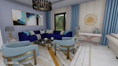 Wnętrze salonu w stylu art deco i nowoczesnym z niebieską sofą i dekoracyjnymi poduszkami.
