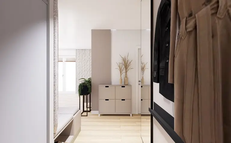 Przedpokój z minimalistycznymi meblami i roślinami, styl skandynawski, nowoczesny