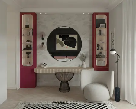 Wnętrze z akcentami dopamine decor, eklektycznym, glamour i współczesnym.