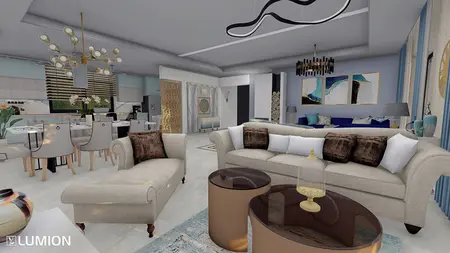 Wnętrze salonu w stylu art deco i nowoczesnym z beżowymi meblami.