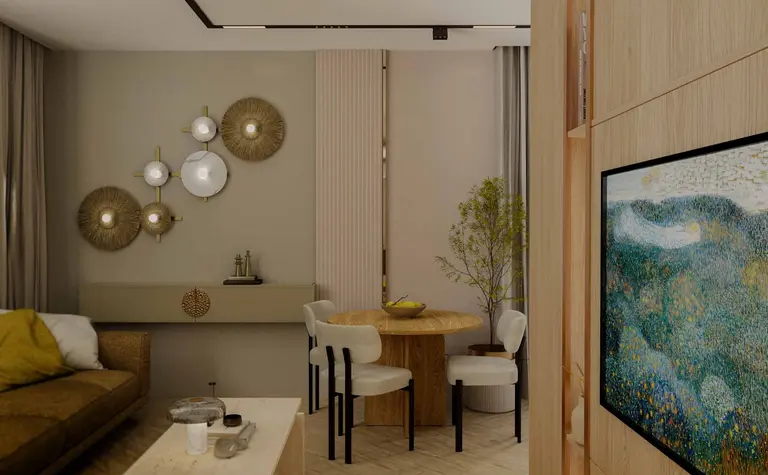 Wnętrze salonu w stylu boho, nowoczesnym i skandynawskim z drewnianymi meblami.