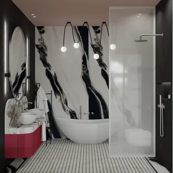 Wnętrze łazienki z marmurowymi ścianami, wanną i nowoczesnymi lampami w stylu glamour i eklektycznym.