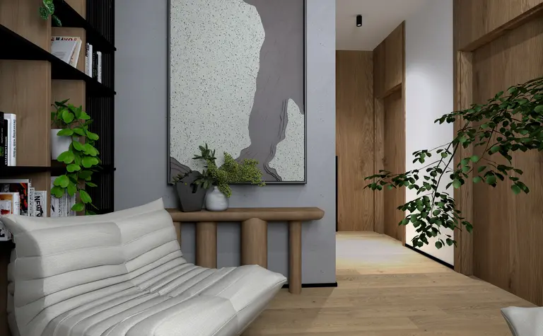 Przedpokój z nowoczesnym designem, drewniane meble i rośliny