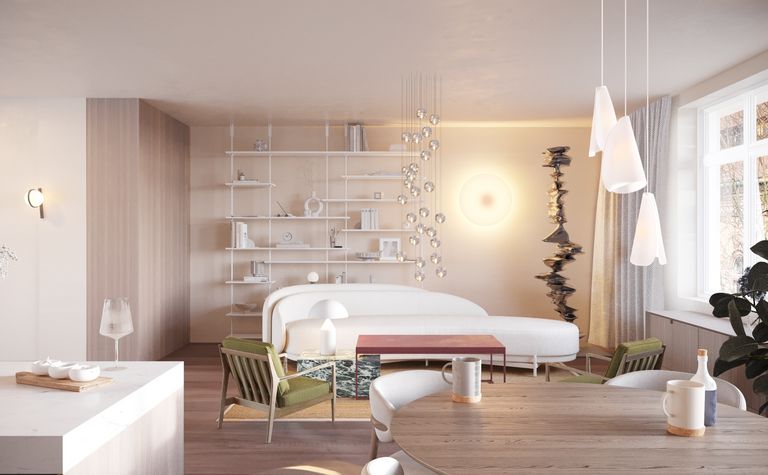 Wnętrze salonu w stylu eklektycznym, minimalistycznym, nowoczesnym i skandynawskim z białą sofą.