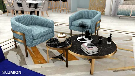 Wnętrze salonu w stylu art deco i nowoczesnym z niebieskimi fotelami i czarnym stolikiem.