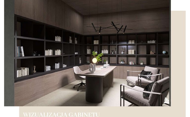 Gabinet minimalistyczny z drewnianymi półkami, nowoczesnym biurkiem i stylowymi krzesłami.