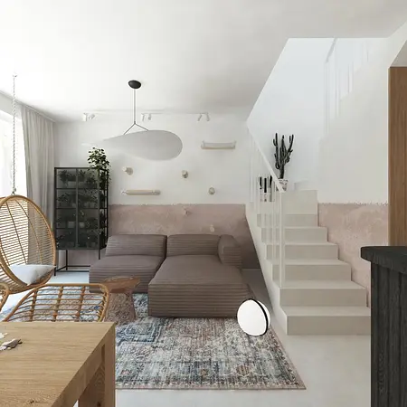 Wnętrze salonu w stylu boho i japandi z brązową sofą i roślinami.