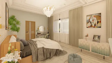 Wnętrze sypialni z art deco i nowoczesnymi detalami, beżowe i drewniane elementy.