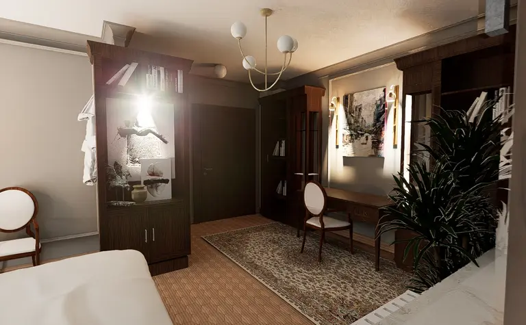Gabinet z elementami art deco i skandynawskim stylem, z drewnianymi meblami i rośliną.