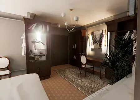 Gabinet z elementami art deco i skandynawskim stylem, z drewnianymi meblami i rośliną.