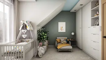 Pokój dziecięcy z łóżeczkiem, rośliną i kolorowymi akcentami, projekt nowoczesny.