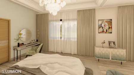 Wnętrze sypialni z jasnymi zasłonami, drewnianym łóżkiem i elementami art deco