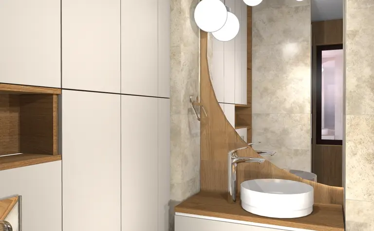Wnętrze łazienki z beżowymi meblami i drewnianymi detalami, styl minimaluxe, nowoczesny, współczesny.