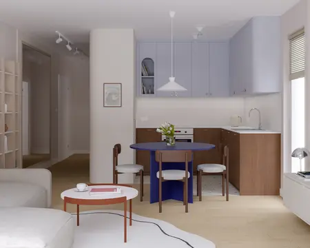 Wnętrze kuchni w stylu japandi i minimalistycznym z niebieskim stołem