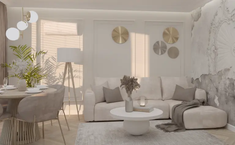 Nowoczesny salon w stylu quiet luxury z jasnym wypoczynkiem i drewnianymi akcentami.
