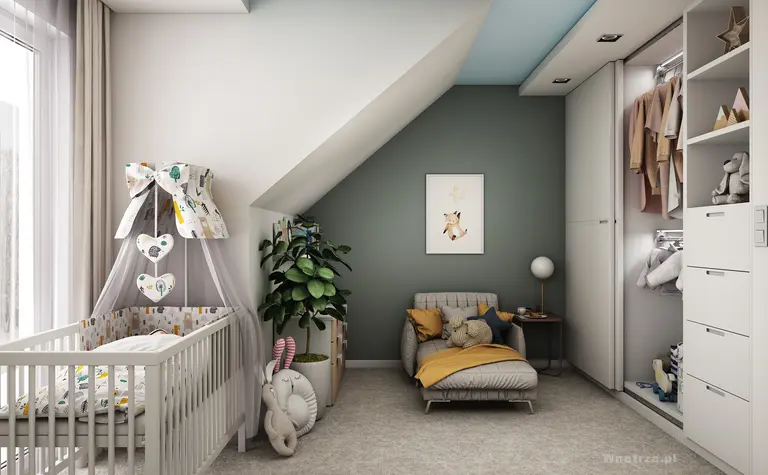 Pokój dla dzieci z łóżeczkiem, rośliną i szafą, nowoczesny design.