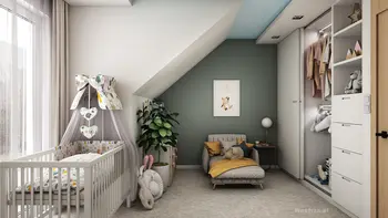 Pokój dla dzieci z łóżeczkiem, rośliną i szafą, nowoczesny design.
