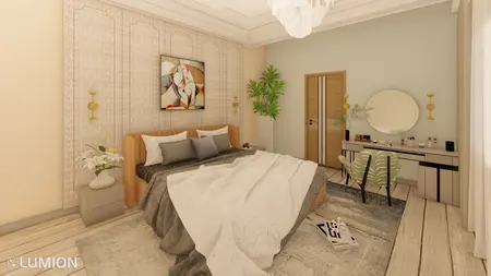 Sypialnia w stylu art deco i nowoczesnym z łóżkiem, biurkiem i roślinami.
