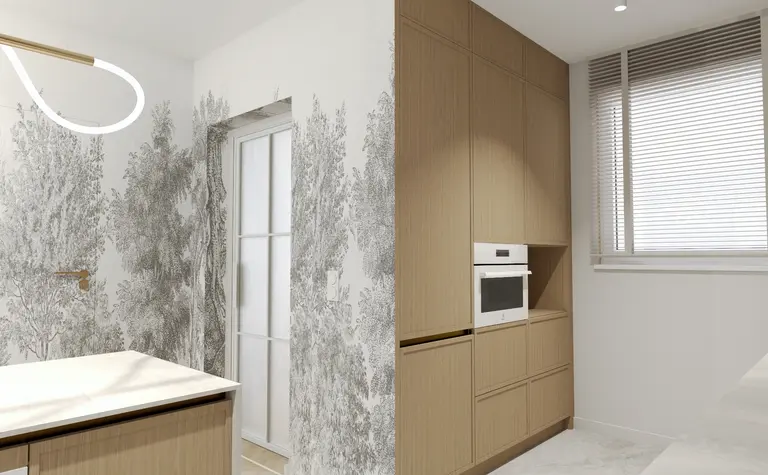 Kuchnia w stylu nowoczesnym z drewnianymi meblami, skandynawskim wykończeniem i minimalistycznym designem.