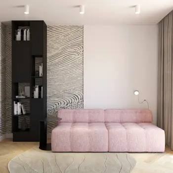 Nowoczesny salon z różową sofą i czarną biblioteczką w tle