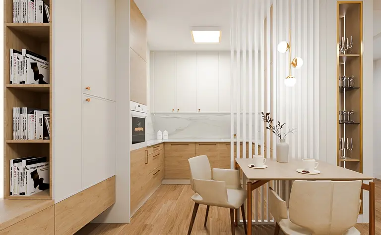 Kuchnia w stylu quiet luxury z drewnianymi meblami i białymi akcentami.