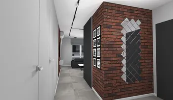 Korytarz w stylu minimalistycznym z ceglaną ścianą, lustrami i szaro-białymi akcentami.
