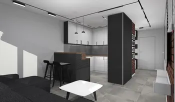 Wnętrze kuchni z białymi meblami, drewnianym blatem i industrialnymi detalami. Styl minimalistyczny.