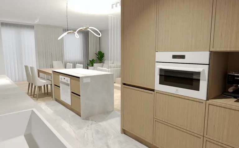 Nowoczesna kuchnia w stylu quiet luxury z drewnem i białymi dodatkami.