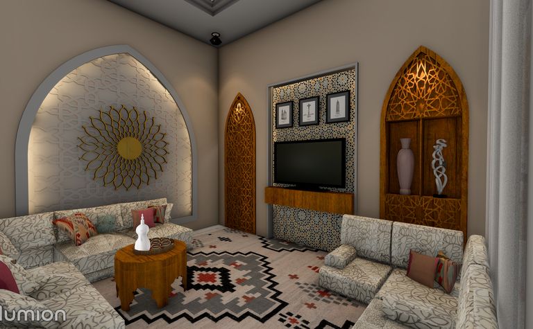 Wnętrze salonu z jasnymi meblami i dekoracjami dopamine decor.