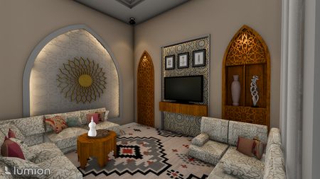 Wnętrze salonu z jasnymi meblami i dekoracjami dopamine decor.