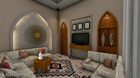 Wnętrze salonu z jasnymi meblami i dekoracjami dopamine decor.