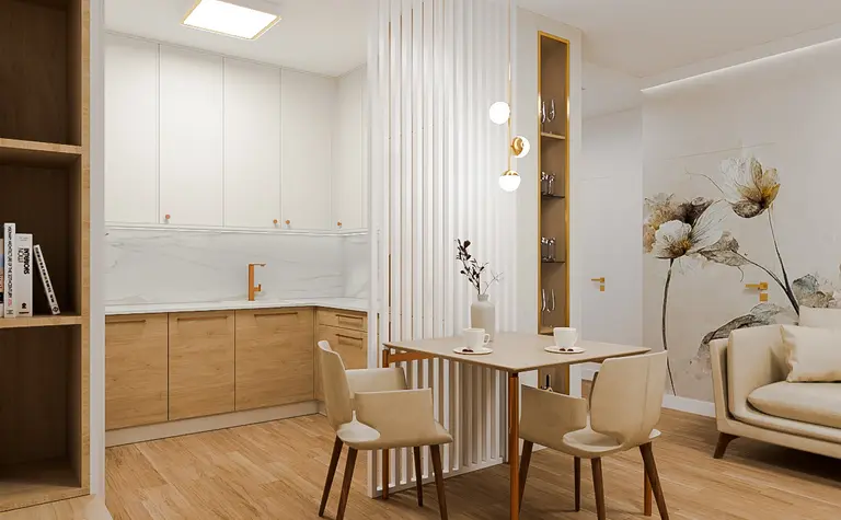 Wnętrze kuchni w stylu quiet luxury z drewnianymi meblami i jasnymi akcentami.