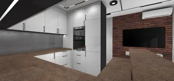 Kuchnia w stylu industrialnym z białymi meblami i brązowym blatem, elementy skandynawskie.