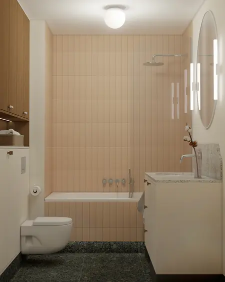 Łazienka w stylu japandi, minimalistycznym i skandynawskim z drewnianymi akcentami.