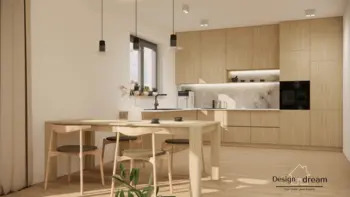 Jasna kuchnia w stylu japandi, minimalistycznym i skandynawskim z drewnianymi akcentami.