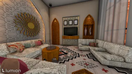 Wnętrze salonu w stylu dopamine decor z dekoracyjnymi ścianami