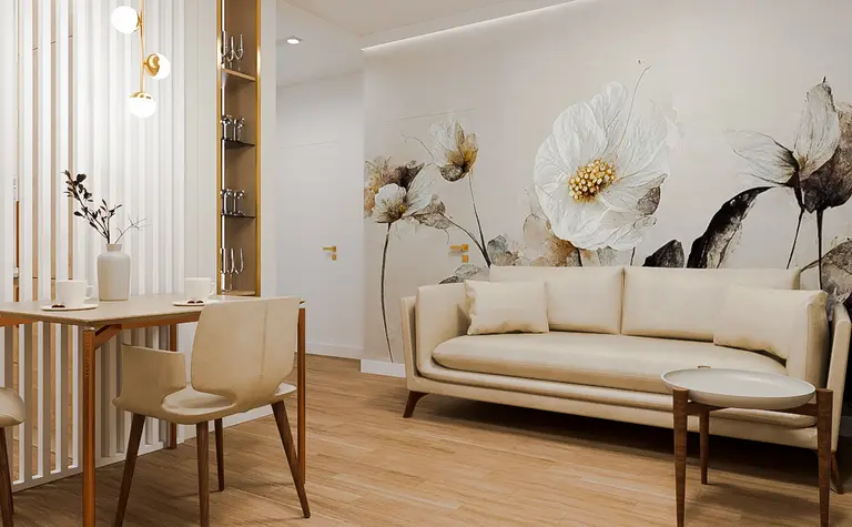Wnętrze z beżową sofą i kwiatowym muralem, styl quiet luxury.