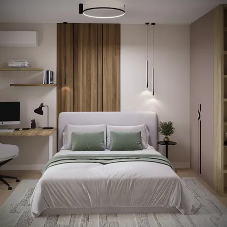 Sypialnia w stylu eklektycznym z minimalistycznym biurkiem i nowoczesnym oświetleniem.