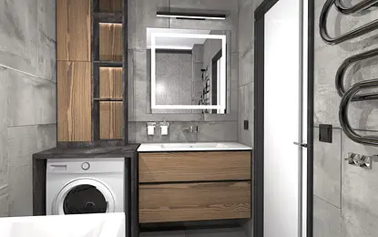 Wnętrze łazienki w stylu industrialnym z drewnem i betonem.