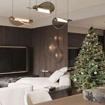 Wnętrze salonu w stylu art deco i glamour z białą kanapą, choinką i nowoczesnym oświetleniem.