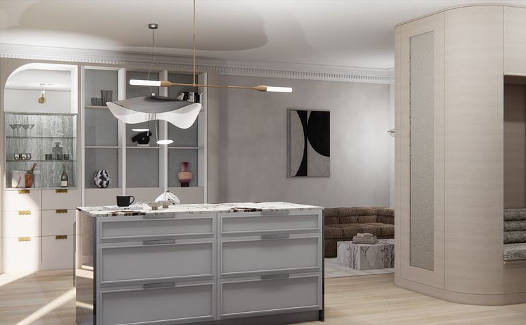 Wnętrze kuchni z elementami art deco i minimalizmu, eleganckie akcenty glamour.
