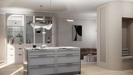Wnętrze kuchni z elementami art deco i minimalizmu, eleganckie akcenty glamour.