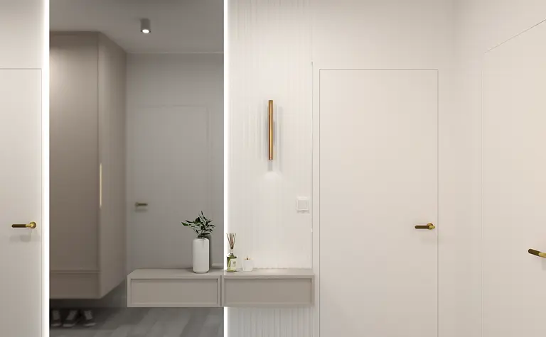 Przedpokój z białymi ścianami, szafą i drewnianą podłogą w stylu glamour.