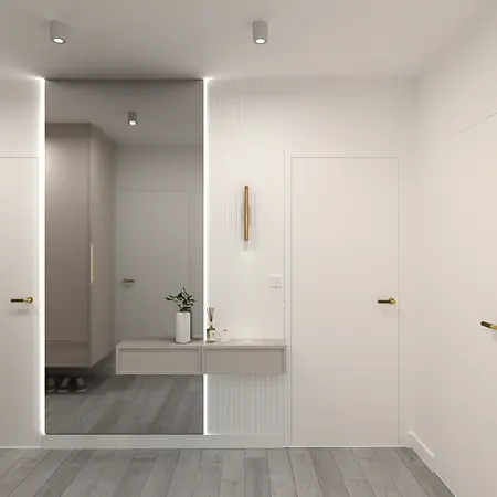 Przedpokój z białymi ścianami, szafą i drewnianą podłogą w stylu glamour.