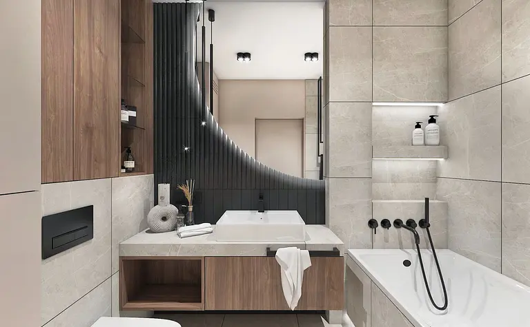 Nowoczesna łazienka z drewnianymi meblami i stylowymi akcentami w industrialnym designie