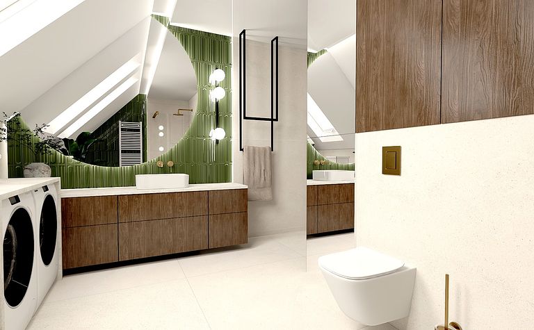 Wnętrze łazienki z zieloną płytką, drewnianymi meblami oraz elementami art deco i boho.