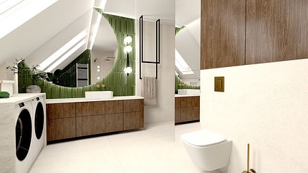 Wnętrze łazienki z zieloną płytką, drewnianymi meblami oraz elementami art deco i boho.