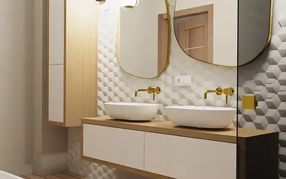 Nowoczesna łazienka w stylu boho z drewnianą podłogą i białymi umywalkami