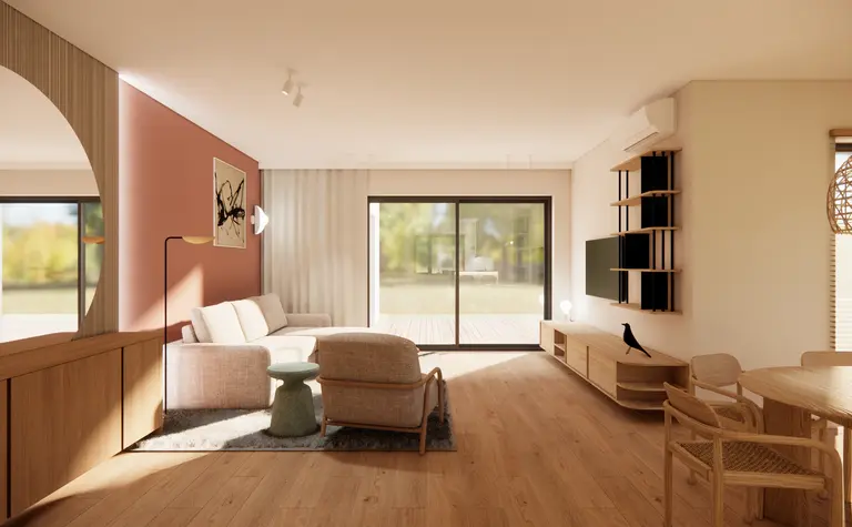 Wnętrze salonu w stylu boho i skandynawskim z beżowym wypoczynkiem i drewnianymi detalami.