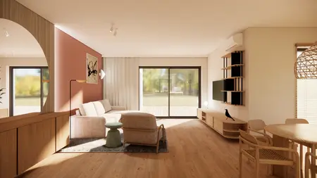Wnętrze salonu w stylu boho i skandynawskim z beżowym wypoczynkiem i drewnianymi detalami.